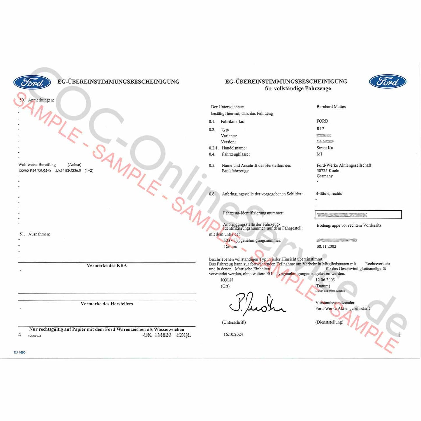 COC dokumenty pre Ford (Certificate of Conformity)