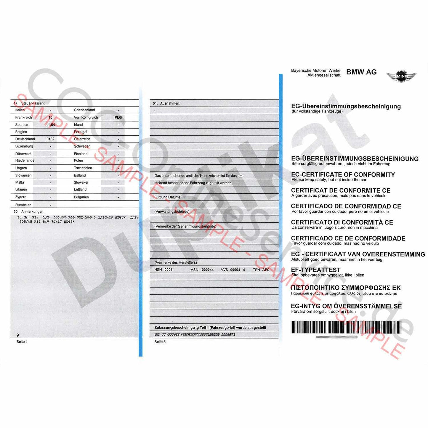 COC dokumenty pro MINI (Certificate of Conformity)