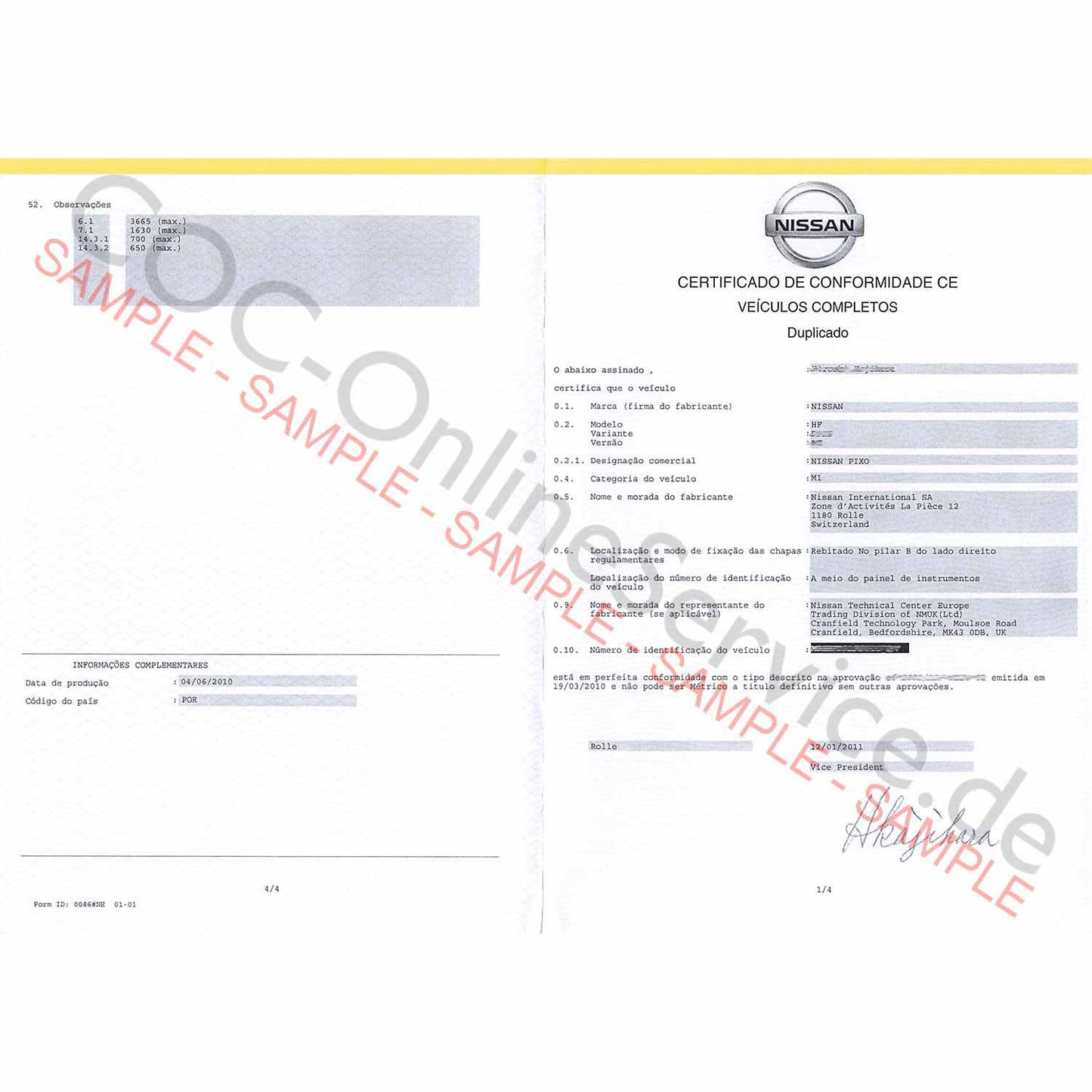 COC-asiakirjat Nissan (Conformity Certificate)
