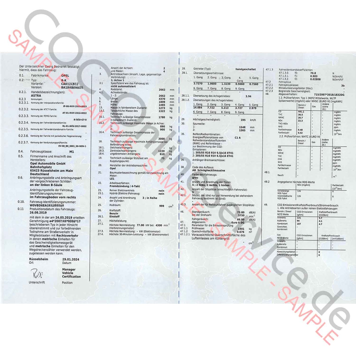 COC dokumenty pre Opel (Certificate of Conformity)