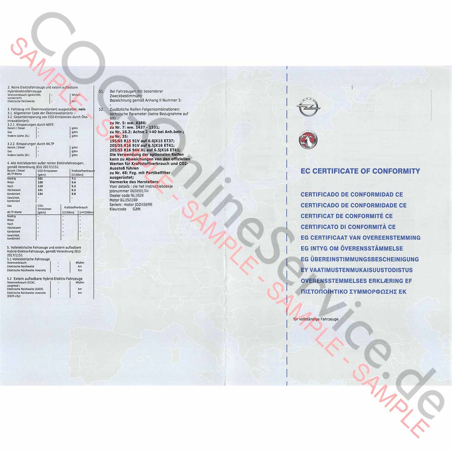 COC dokumenty pre Opel (Certificate of Conformity)