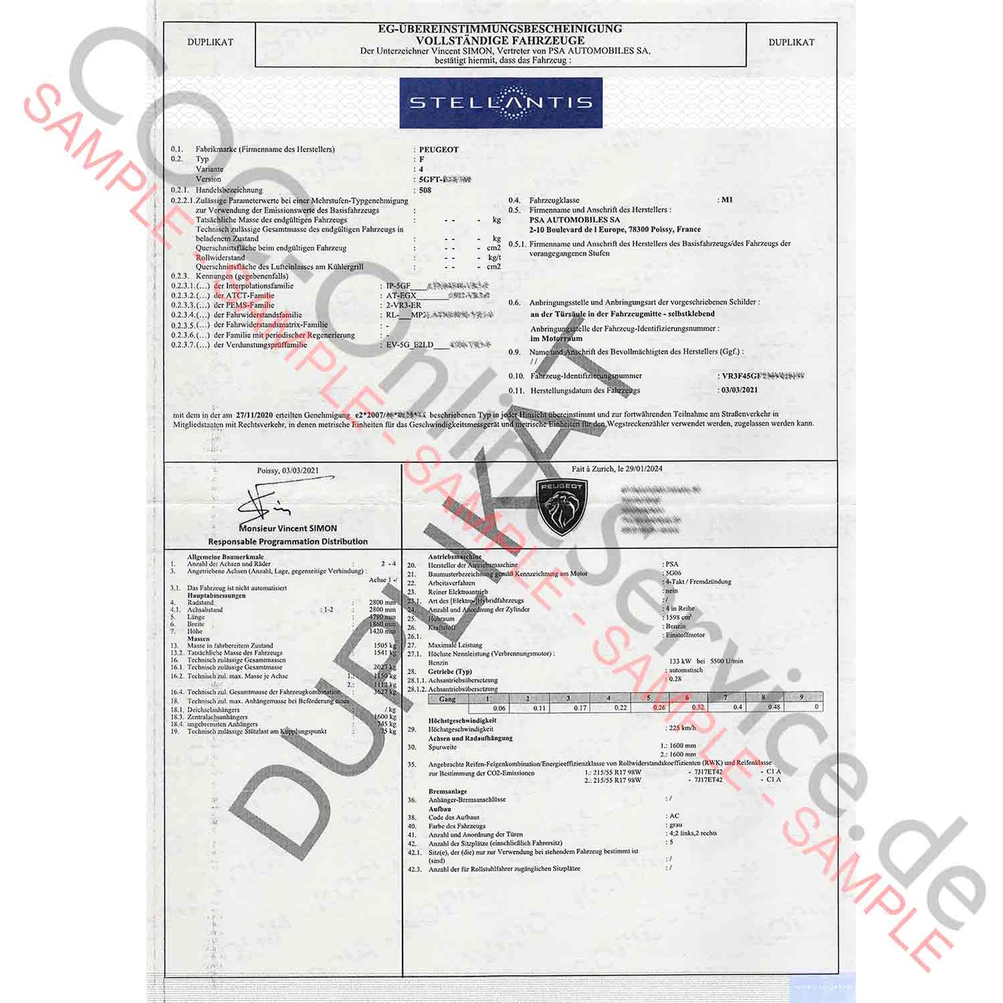 COC-asiakirjat Peugeotille (Certificate of Conformity)
