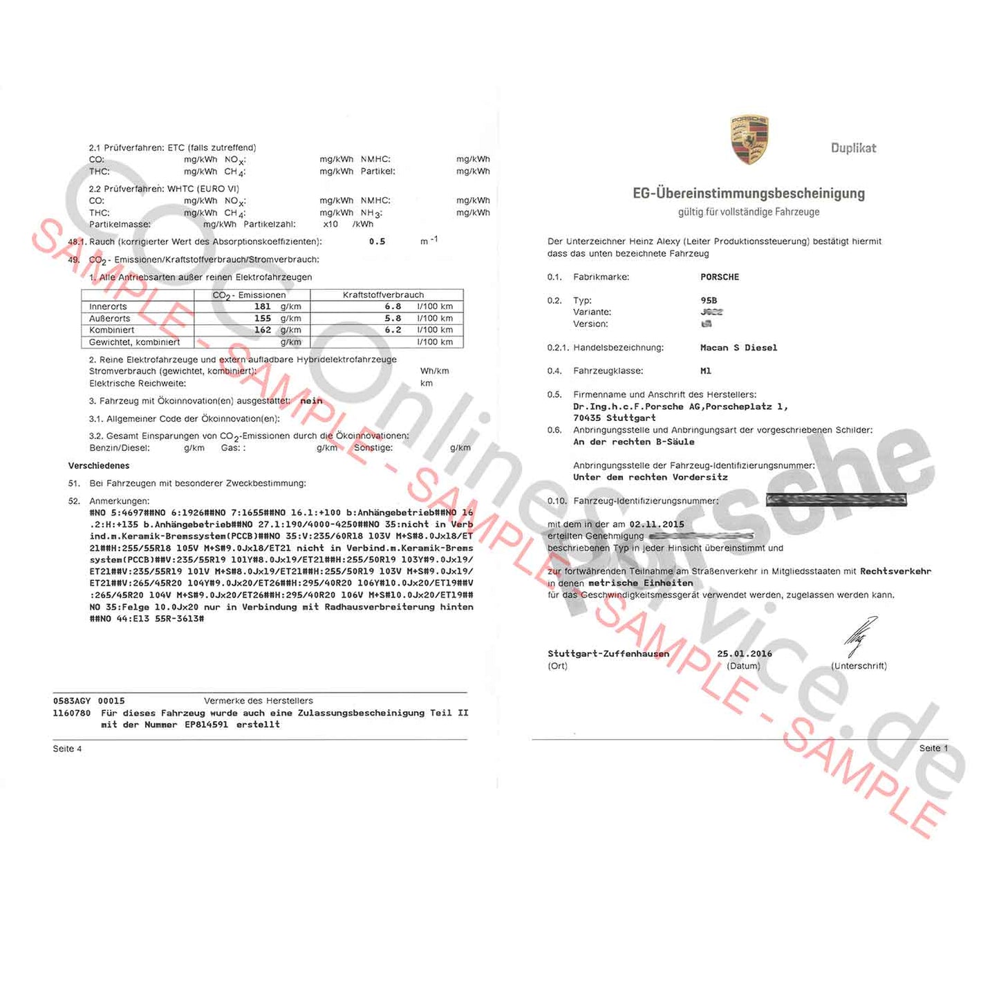 Documentos COC para Porsche (Certificado de Conformidade)