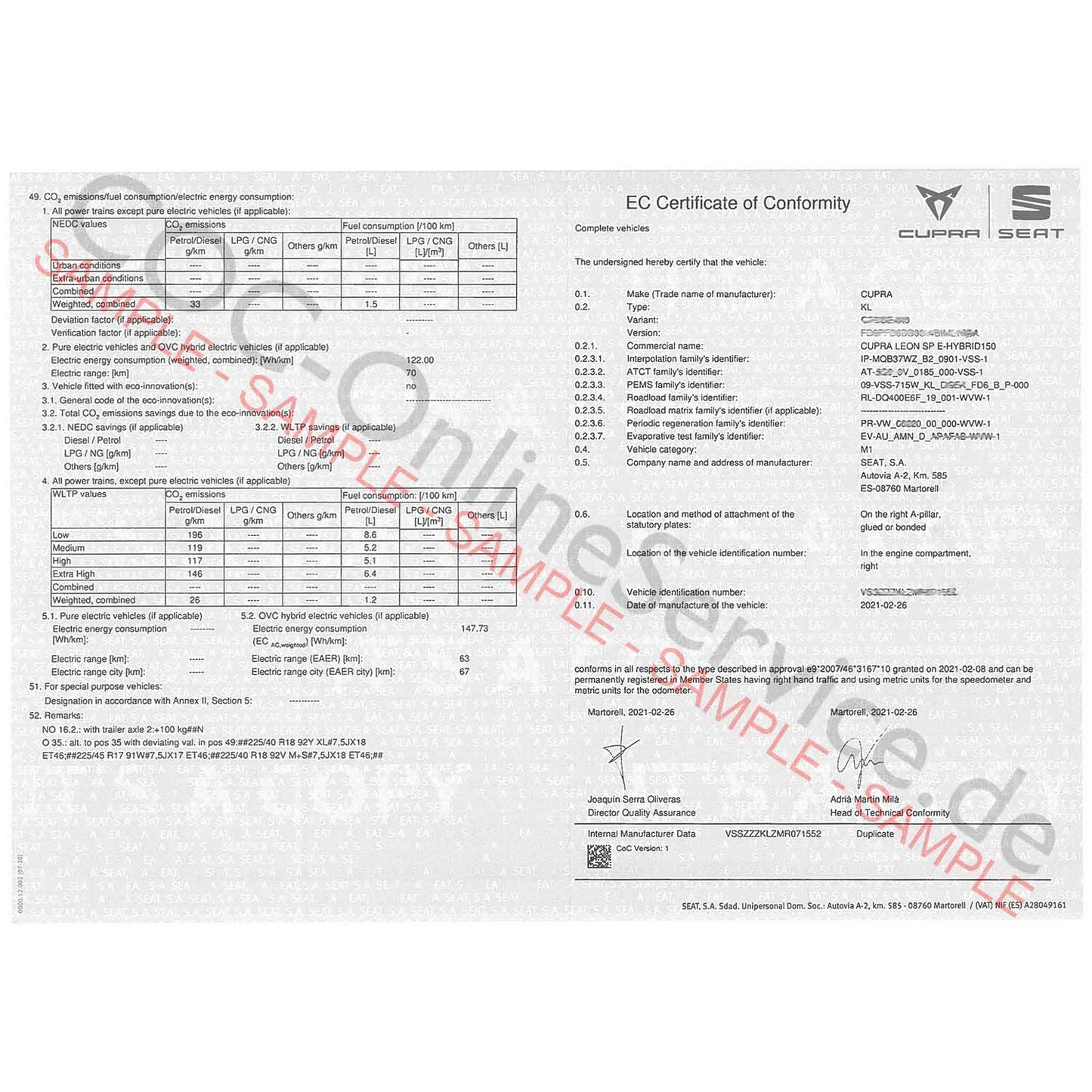 COC dokumenty pre SEAT (Certificate of Conformity)