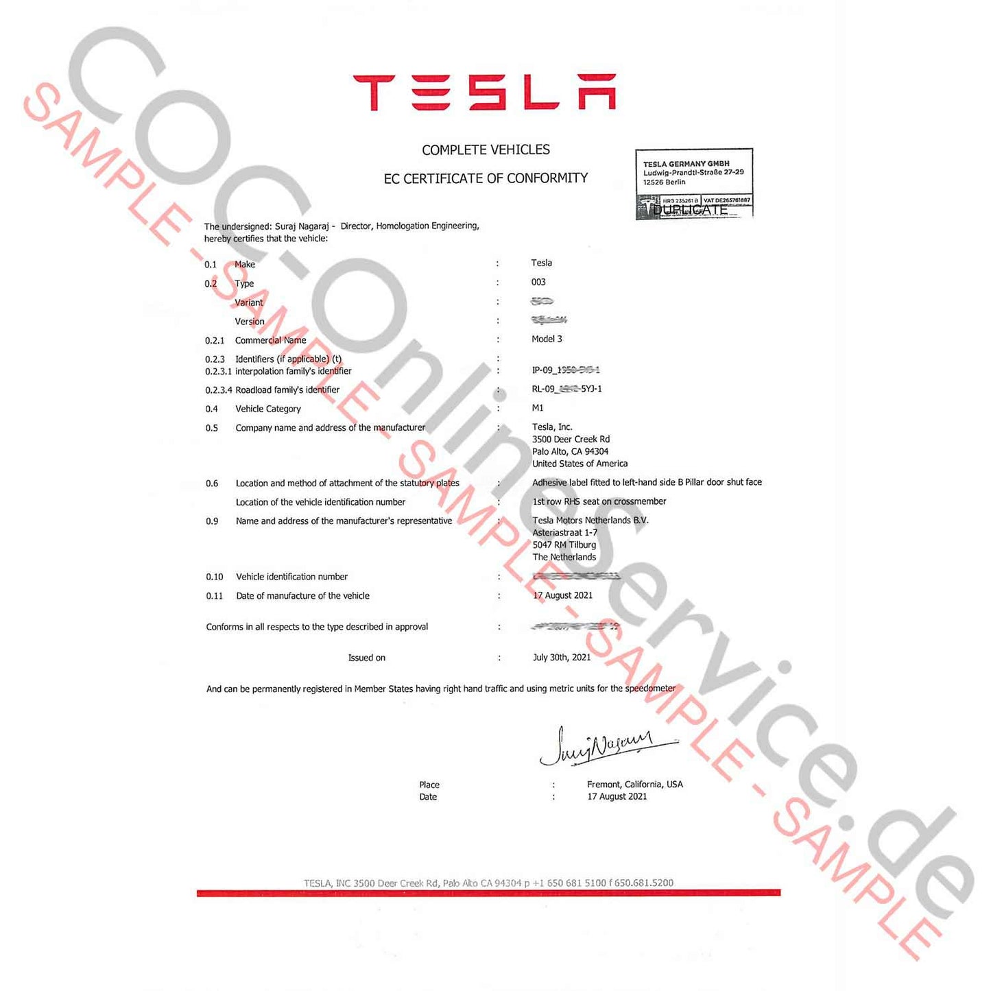 COC-asiakirjat Tesla:lle (Certificate of Conformity)